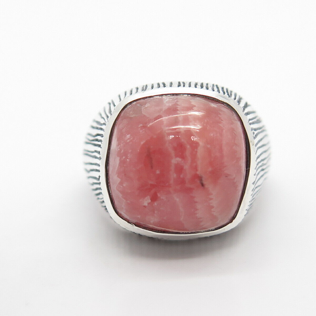 925 Sterling Silver Real Rhodochrosite Gemstone Textured Ring Size 7 3/4