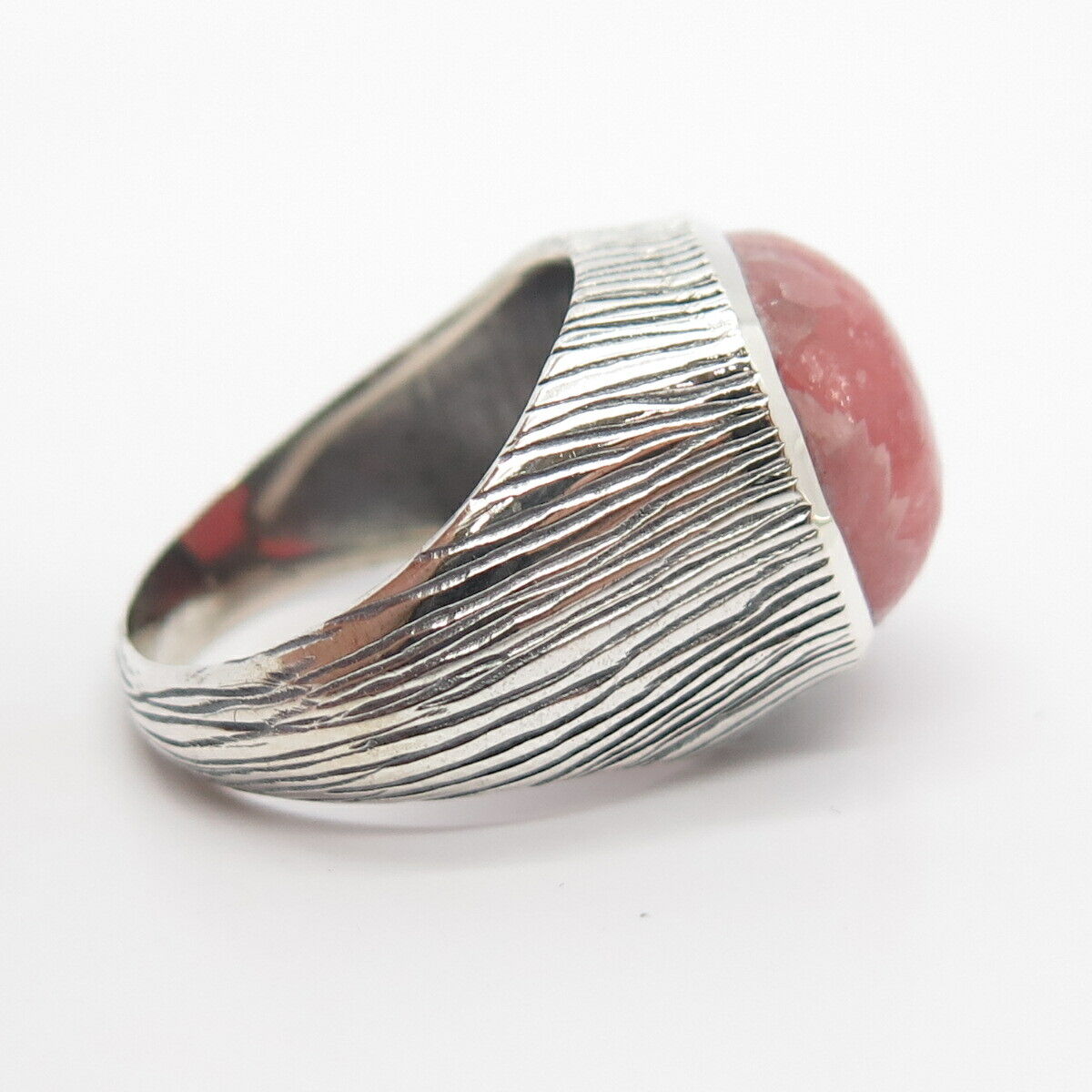 925 Sterling Silver Real Rhodochrosite Gemstone Textured Ring Size 7 3/4