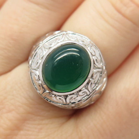 925 Sterling Silver Real Green Onyx Gemstone Ornate Domed Ring Size 7.5