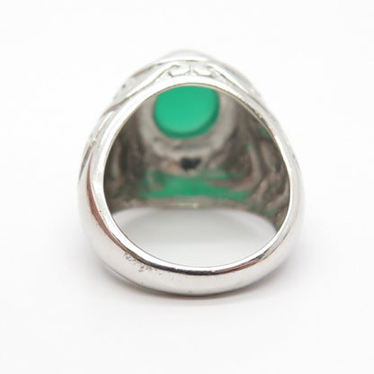 925 Sterling Silver Real Green Onyx Gemstone Ornate Domed Ring Size 7.5