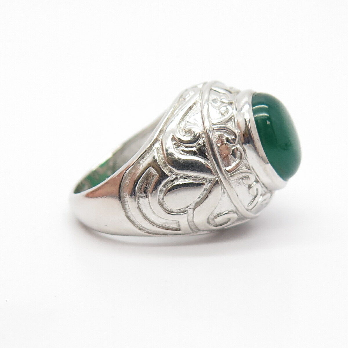 925 Sterling Silver Real Green Onyx Gemstone Ornate Domed Ring Size 7.5