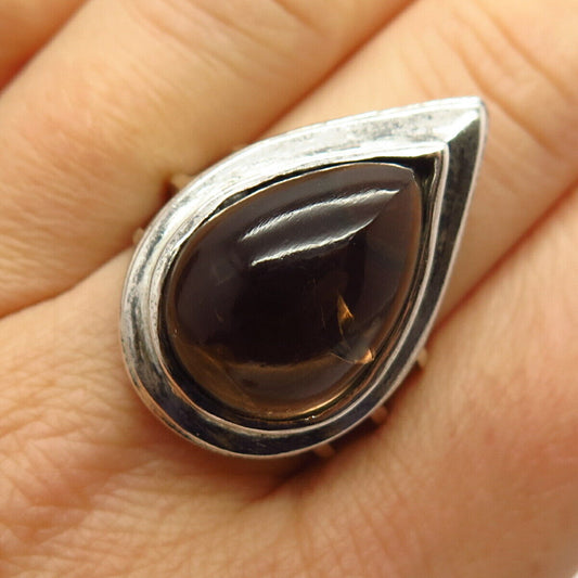 925 Sterling Silver Real Smoky Quartz Teardrop Design Ring Size 7