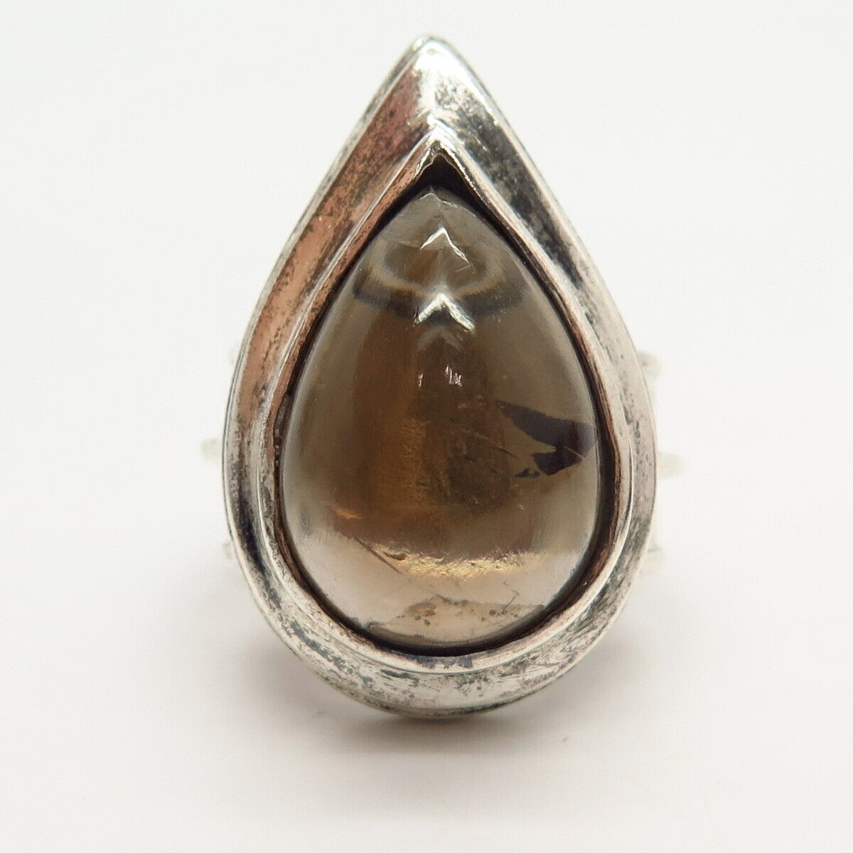 925 Sterling Silver Real Smoky Quartz Teardrop Design Ring Size 7