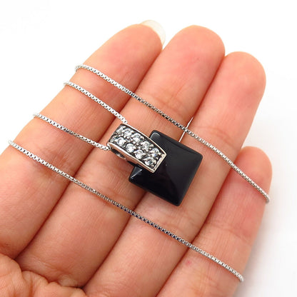 925 Sterling Silver Italy Real Black Onyx Gem & C Z Box Chain Necklace 16”