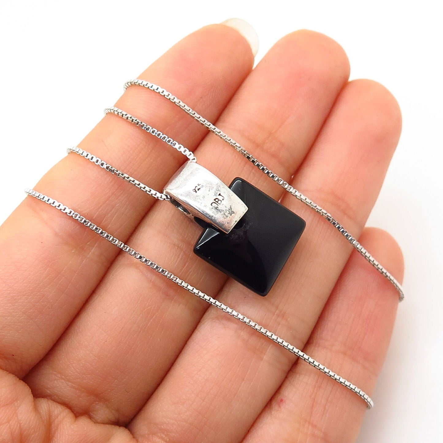 925 Sterling Silver Italy Real Black Onyx Gem & C Z Box Chain Necklace 16”