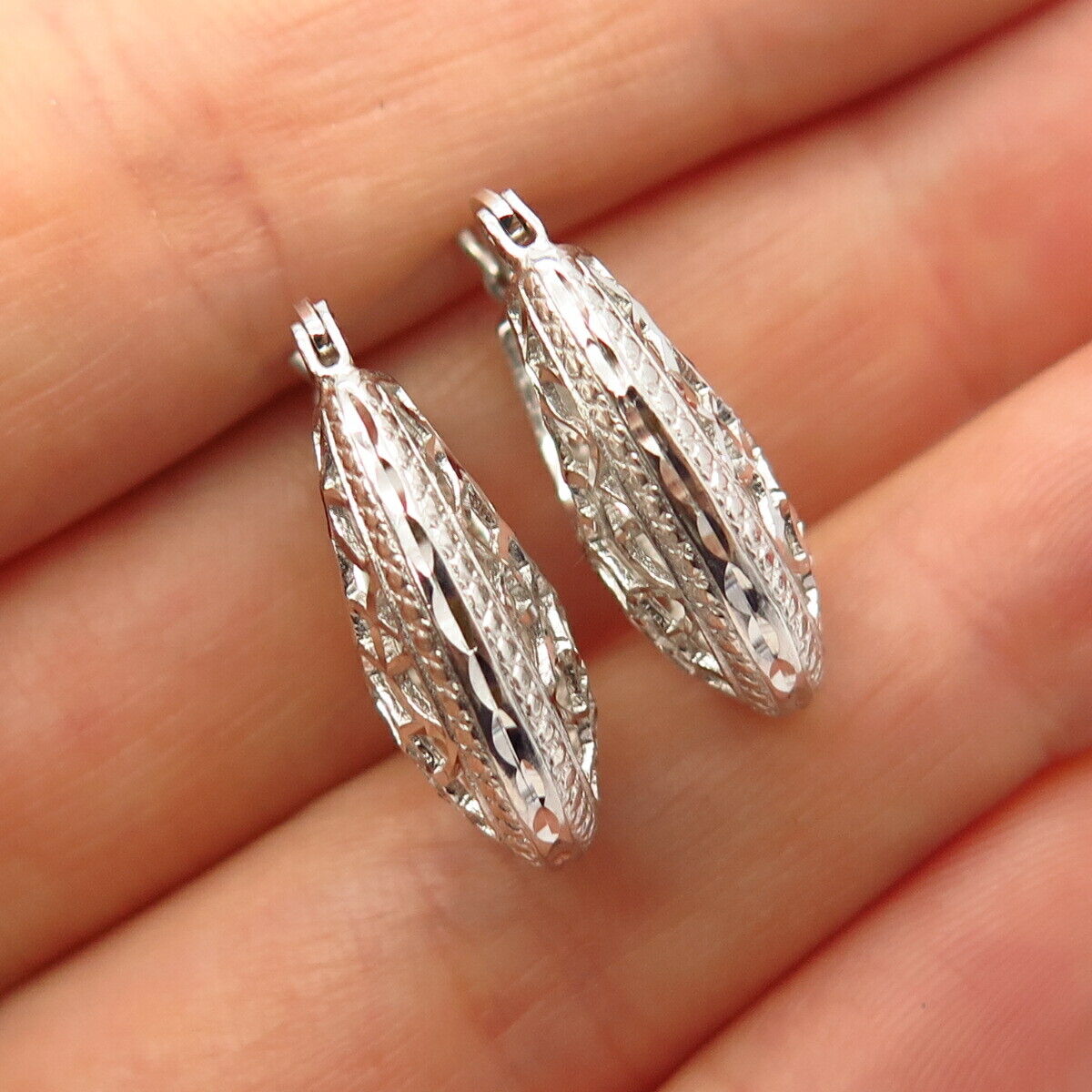 925 Sterling Silver Puffy Ornate Design Hoop Earrings