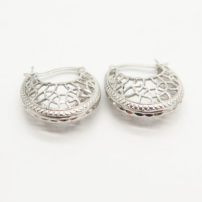 925 Sterling Silver Puffy Ornate Design Hoop Earrings