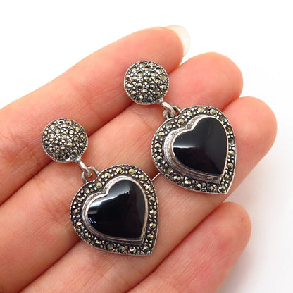 925 Sterling Silver Real Marcasite Gem & Enamel Heart Design Dangling Earrings