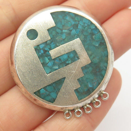 925 Sterling Vintage Mexico Real Turquoise Gem Inlay Tribal Pin Brooch / Pendant