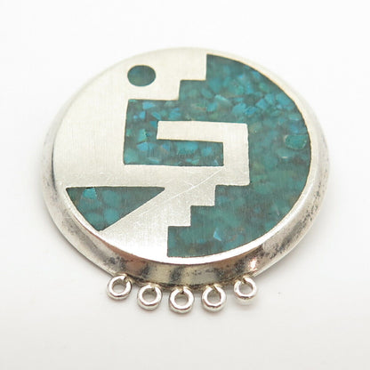 925 Sterling Vintage Mexico Real Turquoise Gem Inlay Tribal Pin Brooch / Pendant