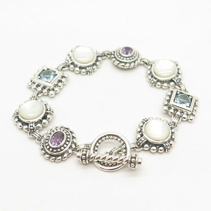 925 Sterling Silver Vintage Blue Topaz Amethyst Gem & MOP Link Bracelet 7.5"