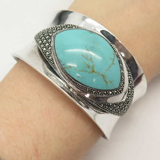 925 Sterling Silver Vintage Turquoise & Marcasite Gem Wide Cuff Bracelet 6 3/4"