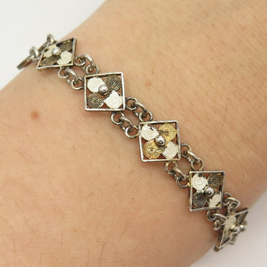 800 Silver 2-Tone Vintage Rhombus Floral Link Bracelet 6 3/4"