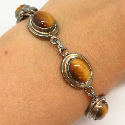 925 Sterling Silver Real Tiger Eye Gemstone Link Bracelet 7"