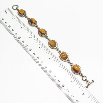 925 Sterling Silver Real Tiger Eye Gemstone Link Bracelet 7"