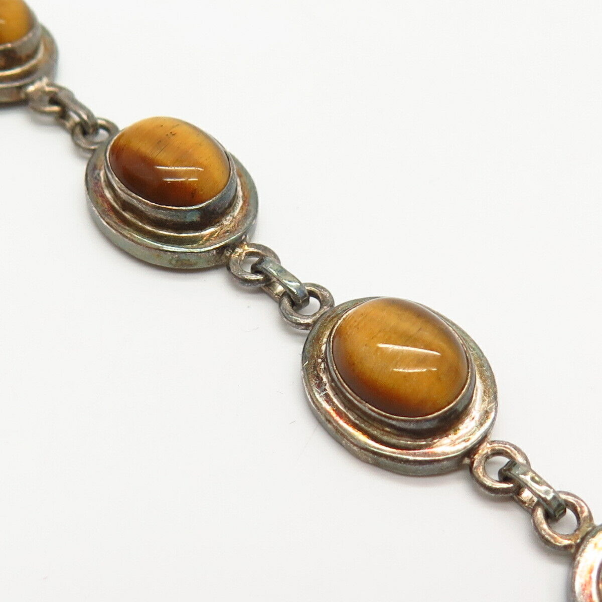 925 Sterling Silver Real Tiger Eye Gemstone Link Bracelet 7"