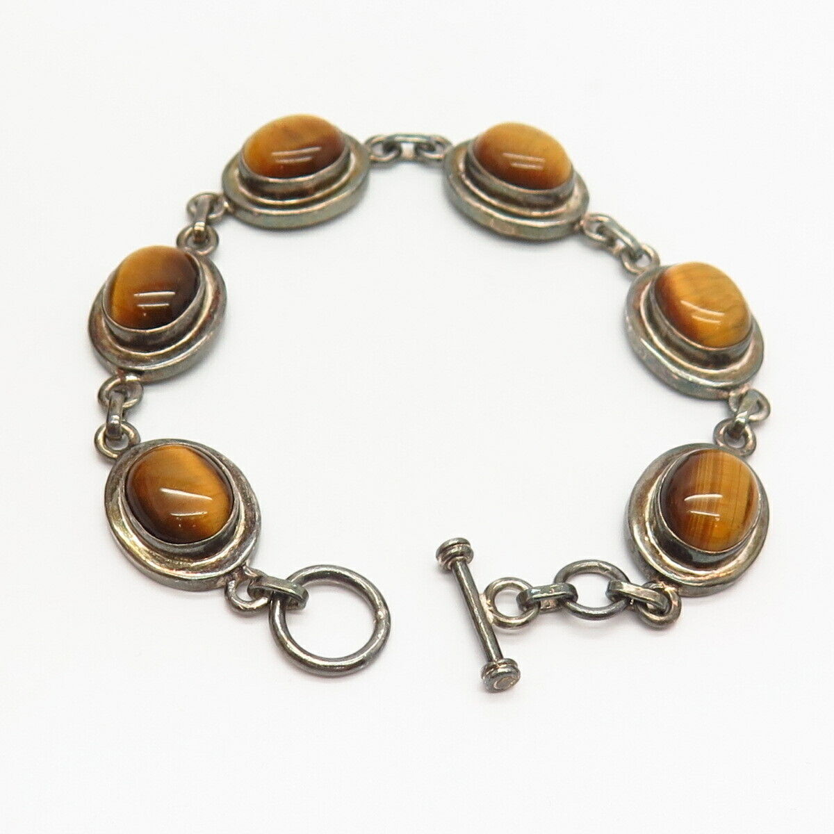 925 Sterling Silver Real Tiger Eye Gemstone Link Bracelet 7"