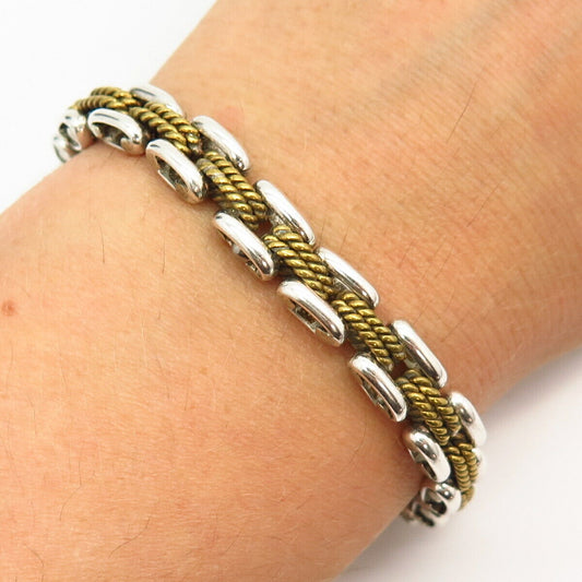 925 Sterling Silver 2-Tone Vintage Mexico Smooth & Twisted Link Bracelet 6 3/4"