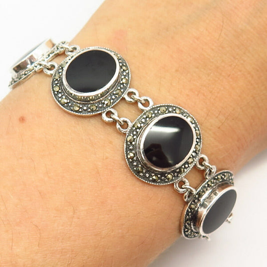 925 Sterling Silver Real Marcasite & Black Onyx Gem Wide Link Bracelet 6 3/4"