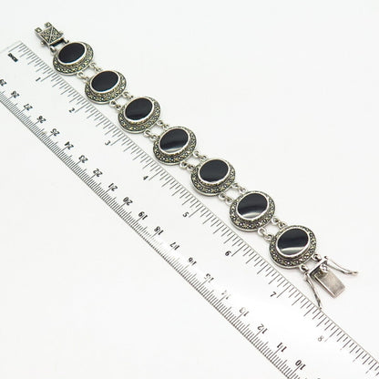 925 Sterling Silver Real Marcasite & Black Onyx Gem Wide Link Bracelet 6 3/4"