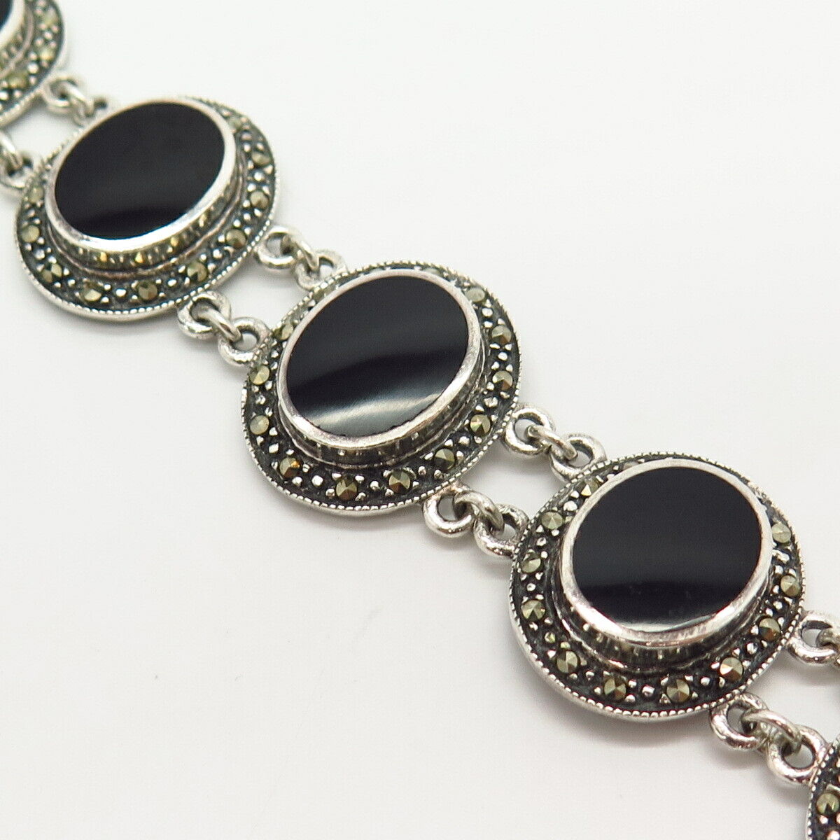 925 Sterling Silver Real Marcasite & Black Onyx Gem Wide Link Bracelet 6 3/4"