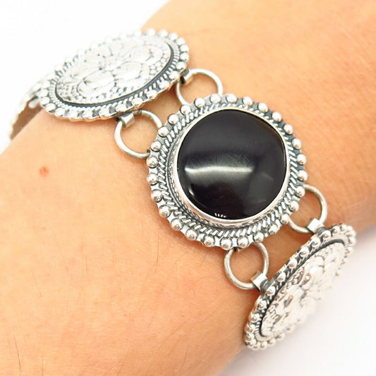 925 Sterling Silver Black Onyx Gem Floral Statement Wide Link Bracelet 7 3/4"