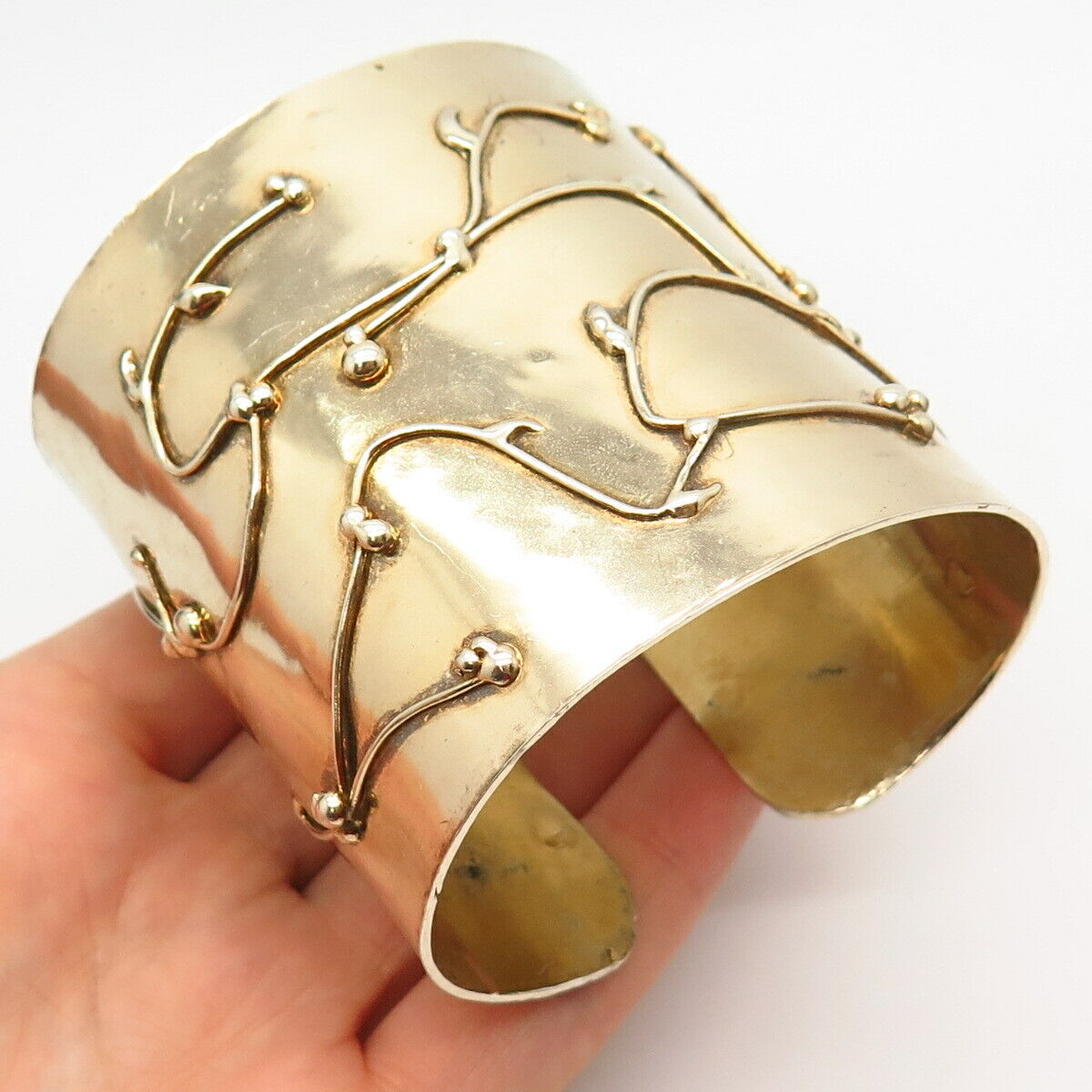 925 Sterling Silver Gold Plated Carved Branch Leaf Wide Cuff Bracelet 6 3/4"