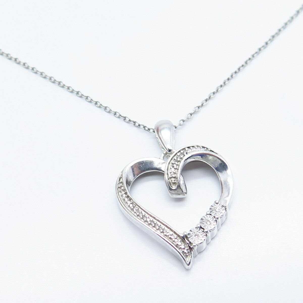 925 Sterling Silver Italy Real White Diamond Open Heart Rolo Chain Necklace 19"