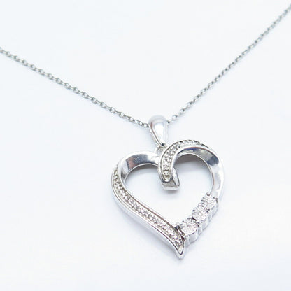 925 Sterling Silver Italy Real White Diamond Open Heart Rolo Chain Necklace 19"