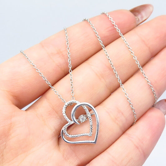 925 Sterling Silver Italy Real Diamond Double Heart Rolo Chain Necklace 19"