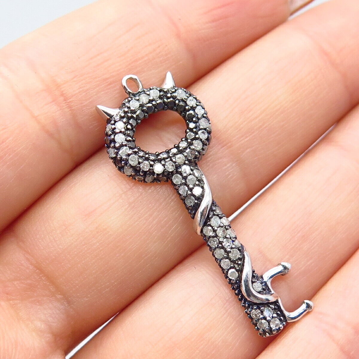 925 Sterling Silver Real White Diamond Key Devil Pendant