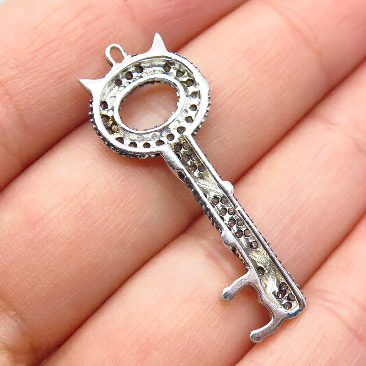 925 Sterling Silver Real White Diamond Key Devil Pendant