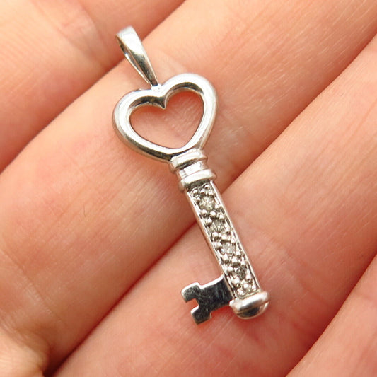 925 Sterling Silver Real Diamond Heart Key Design Slide Pendant