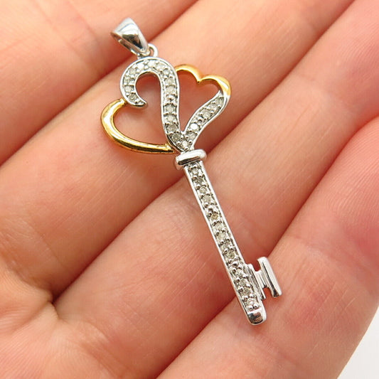 925 Sterling Silver 2-Tone Real Diamond Heart Key Design Pendant