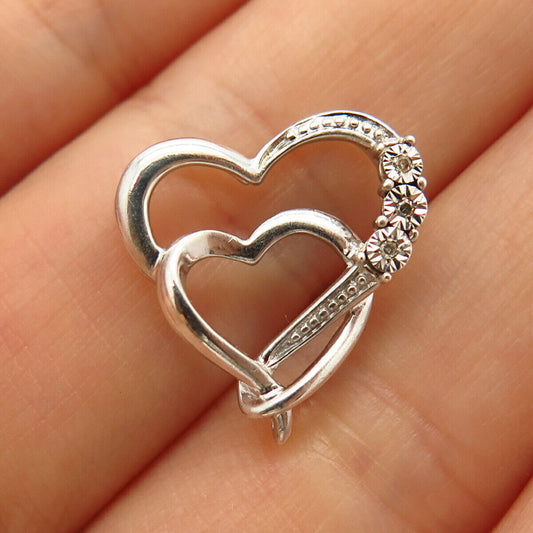 925 Sterling Silver Real Diamond Double Heart Design Slide Pendant