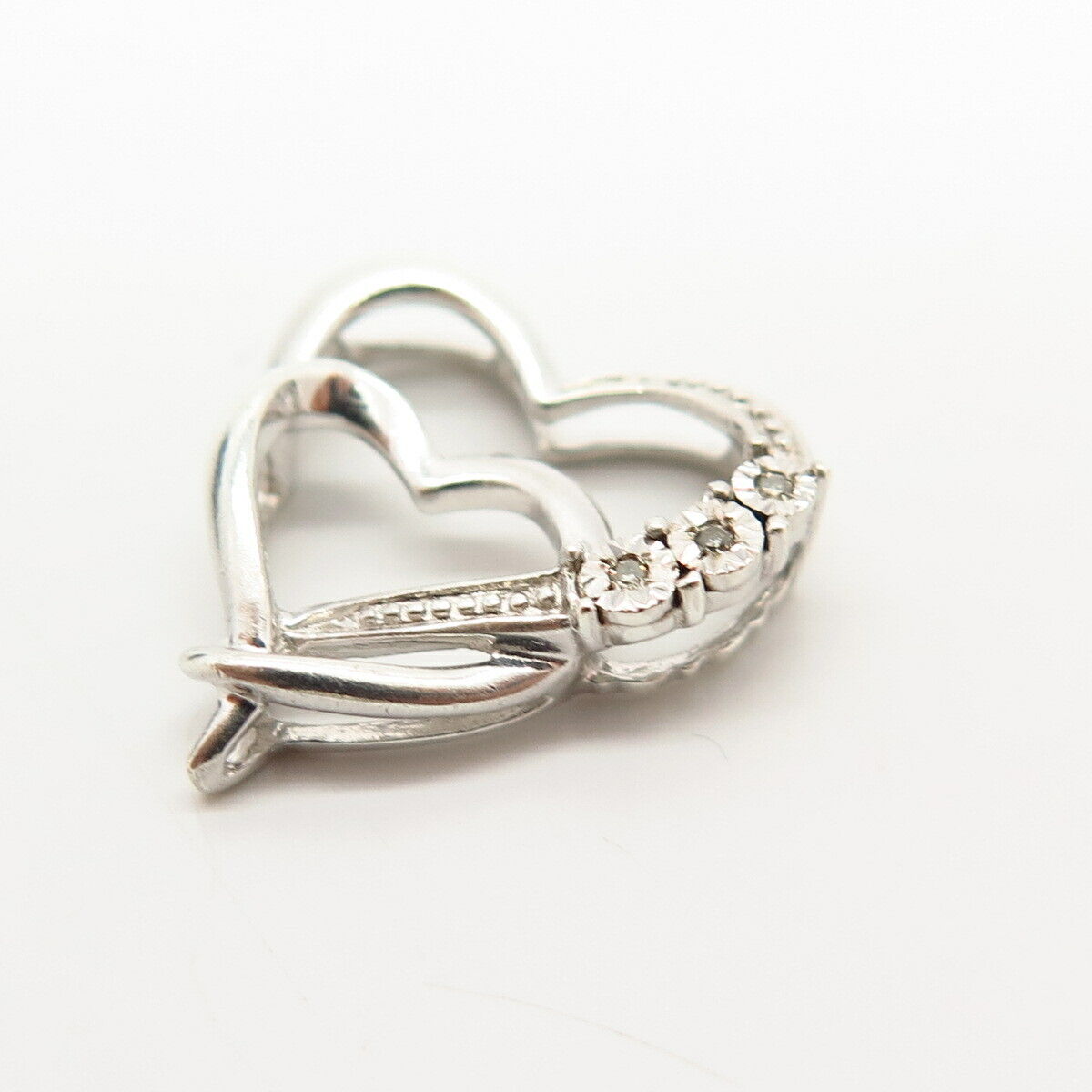 925 Sterling Silver Real Diamond Double Heart Design Slide Pendant