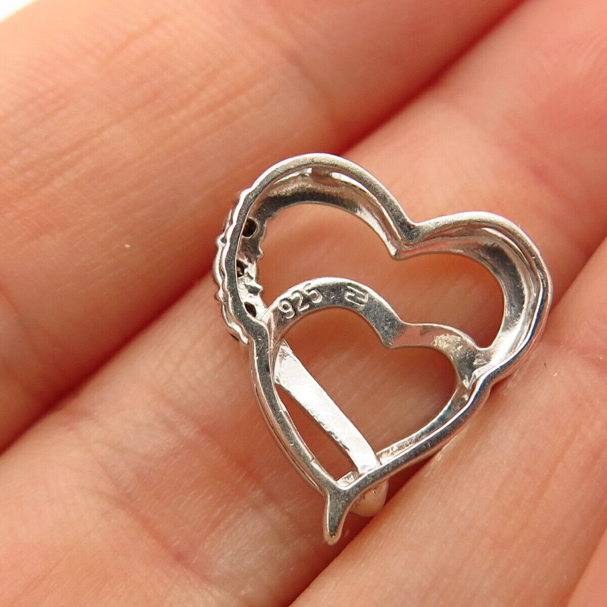 925 Sterling Silver Real Diamond Double Heart Design Slide Pendant