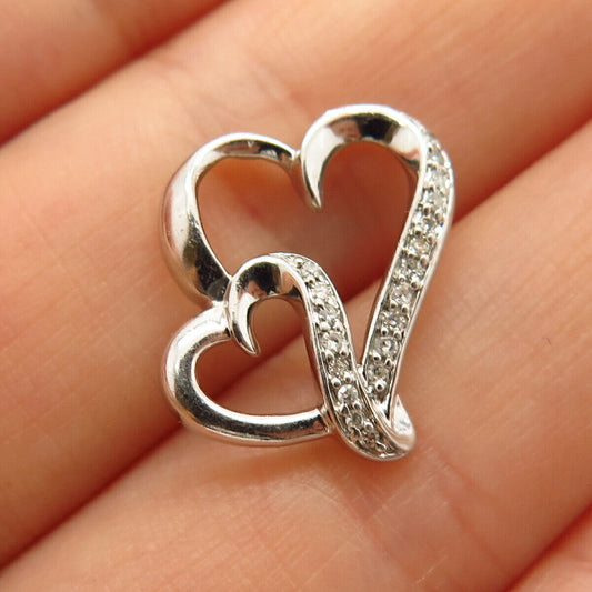 925 Sterling Silver Real Diamond Double Heart Design Slide Pendant