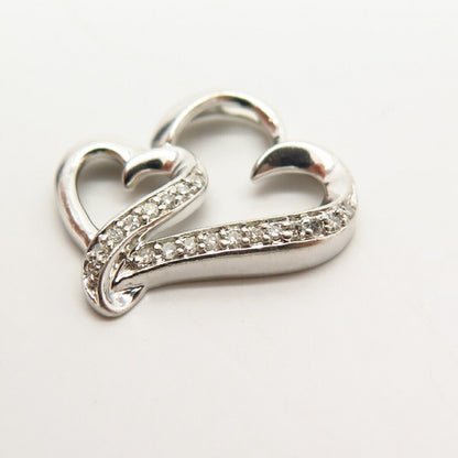 925 Sterling Silver Real Diamond Double Heart Design Slide Pendant