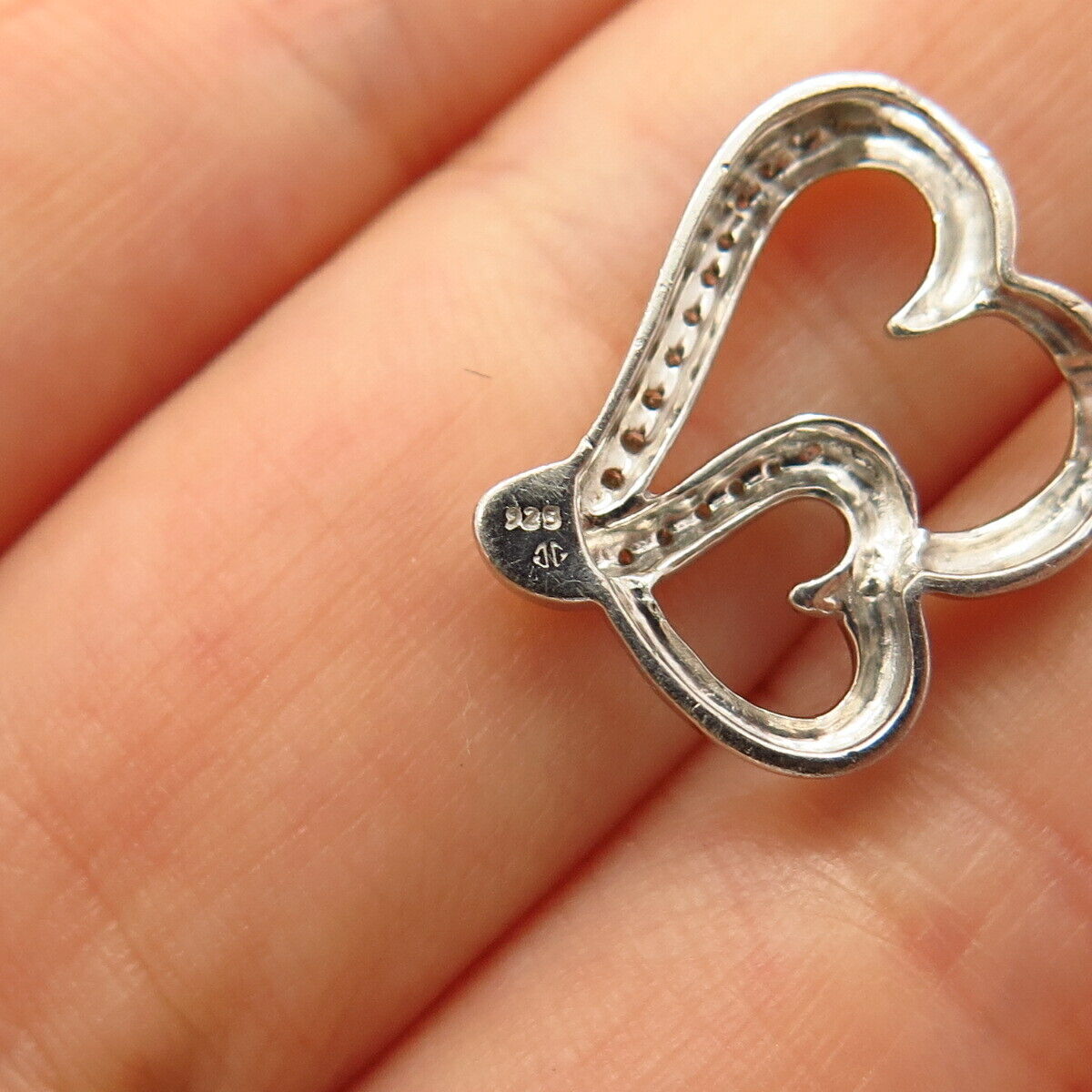 925 Sterling Silver Real Diamond Double Heart Design Slide Pendant