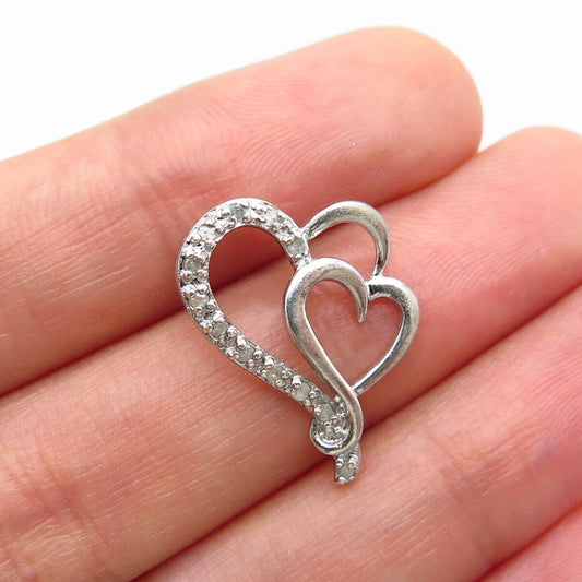 925 Sterling Silver Real Diamond Open Double Heart Slide Pendant