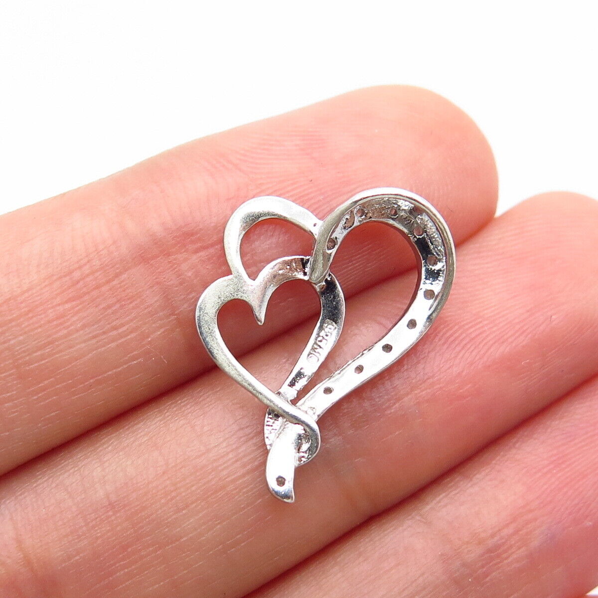 925 Sterling Silver Real Diamond Open Double Heart Slide Pendant