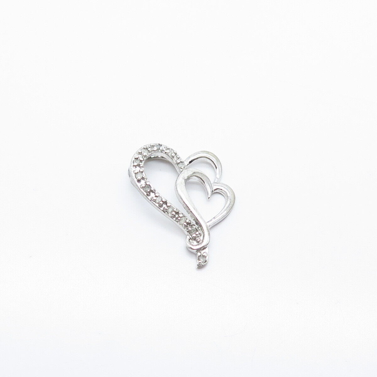 925 Sterling Silver Real Diamond Open Double Heart Slide Pendant