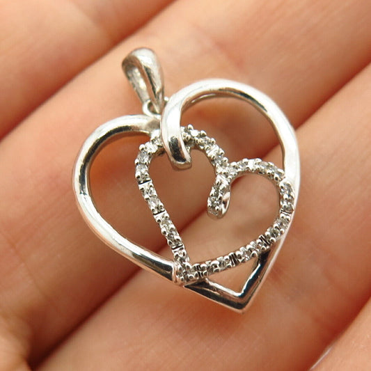 925 Sterling Silver Real Diamond Double Heart Design Pendant