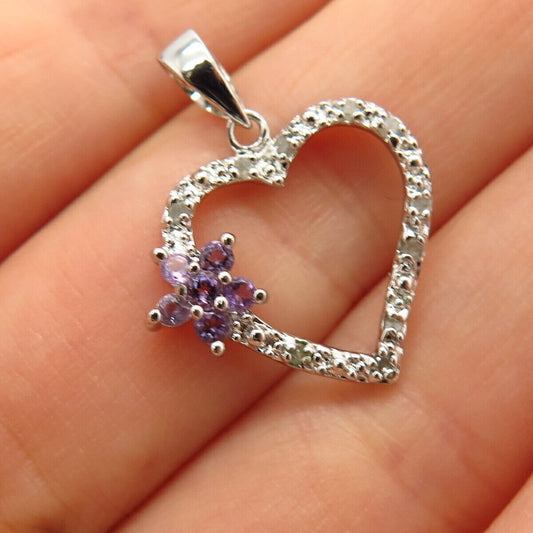 925 Sterling Silver Real Diamond & Amethyst Gem Heart Floral Design Pendant