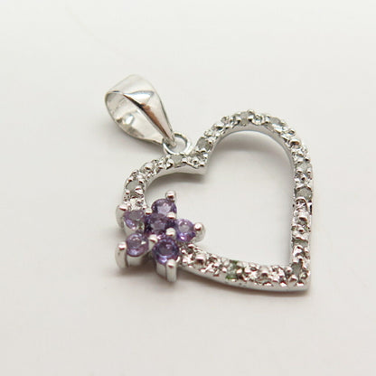 925 Sterling Silver Real Diamond & Amethyst Gem Heart Floral Design Pendant