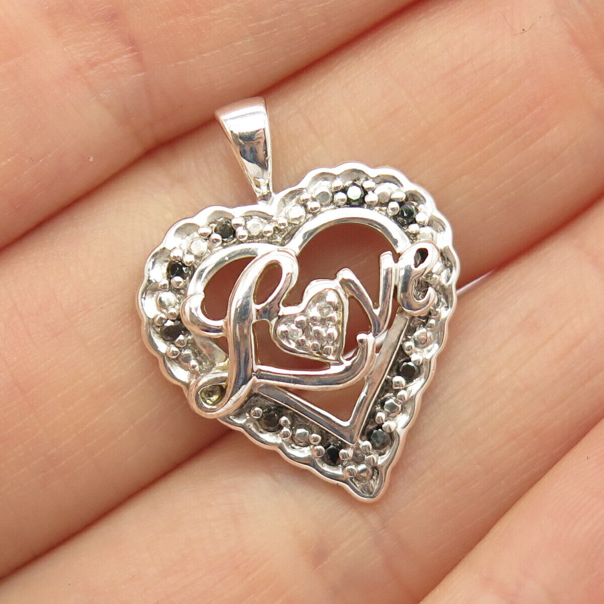 925 Sterling Silver Real White & Black Diamond "Love" Heart Pendant