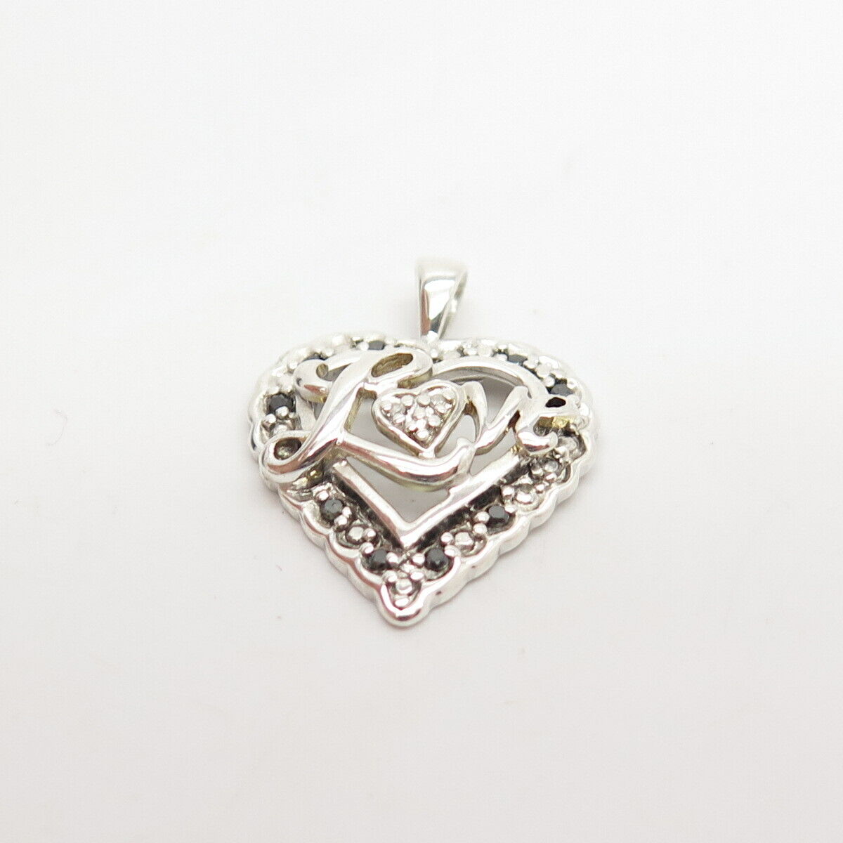 925 Sterling Silver Real White & Black Diamond "Love" Heart Pendant