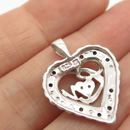 925 Sterling Silver Real White & Black Diamond "Love" Heart Pendant