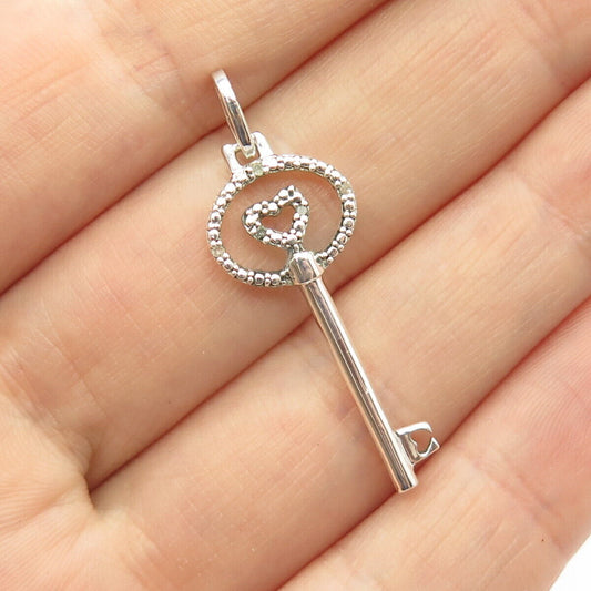 925 Sterling Silver Real Diamond Key Heart Pendant